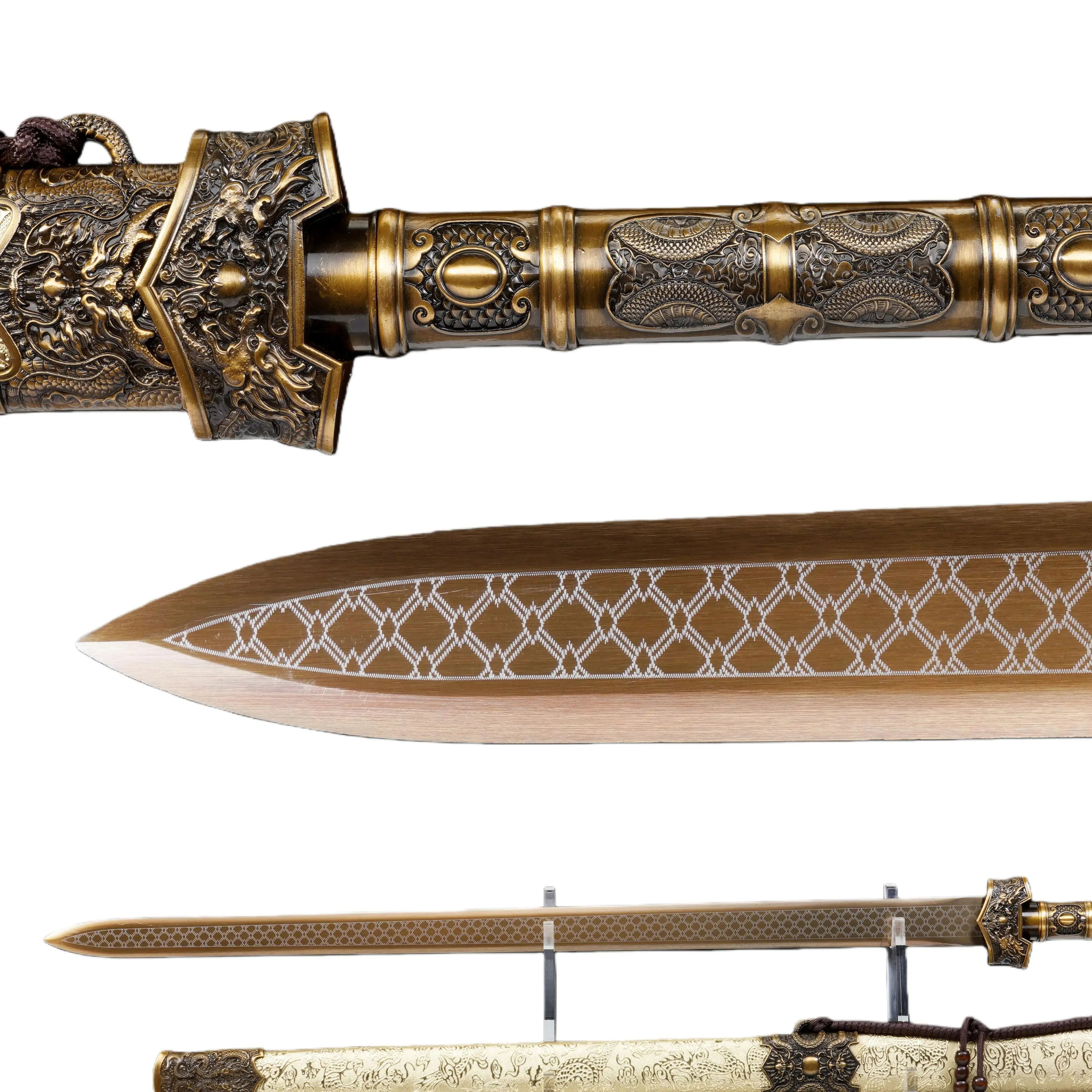 Chinese gold katana samurai sword Medieval battle preparation, martial arts enthusiast collection Full Tang Sharp blade, gift