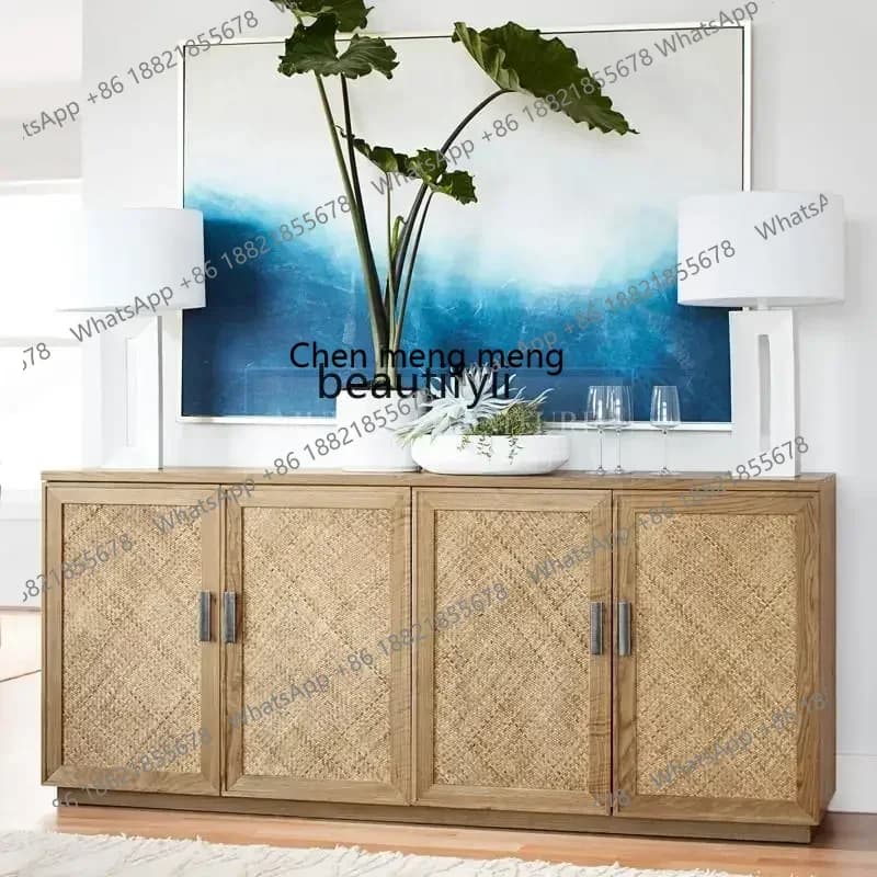 2003 American solid wood dining side cabinet natural rattan multi-functional tea cabinet living room log color door cabinet