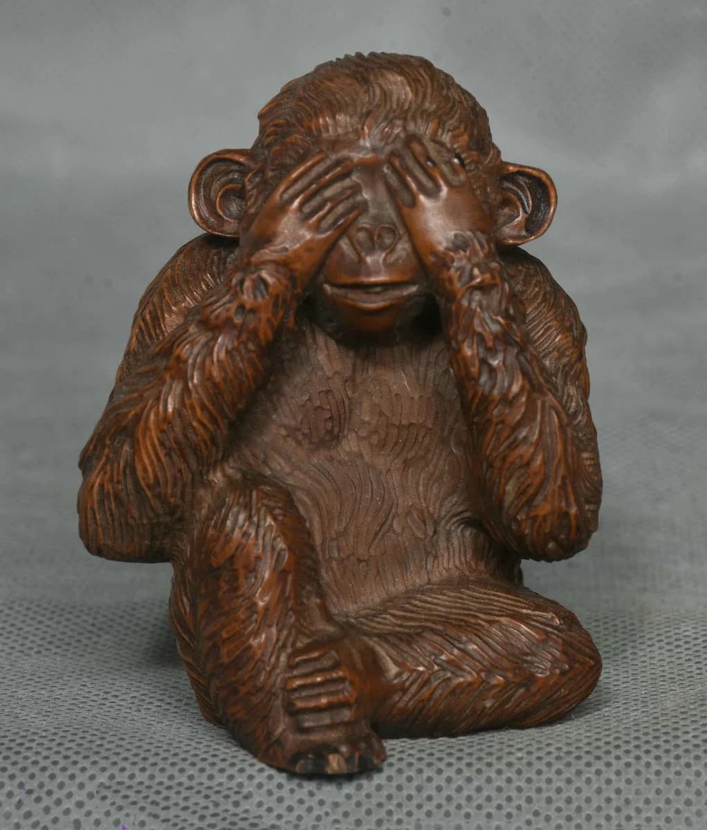 2.8" Rare Old Chinese Boxwood Hand Carving Feng Shui Chimpanzee Monkey Statue