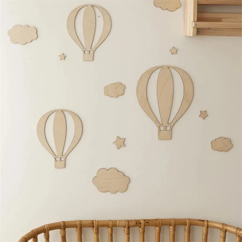 INS Nordic Wooden Wall Stickers Hot Air Balloon Cloud Star Wood Sticker Kids Room Decoration Ornaments Home Crafts Nursery Decor