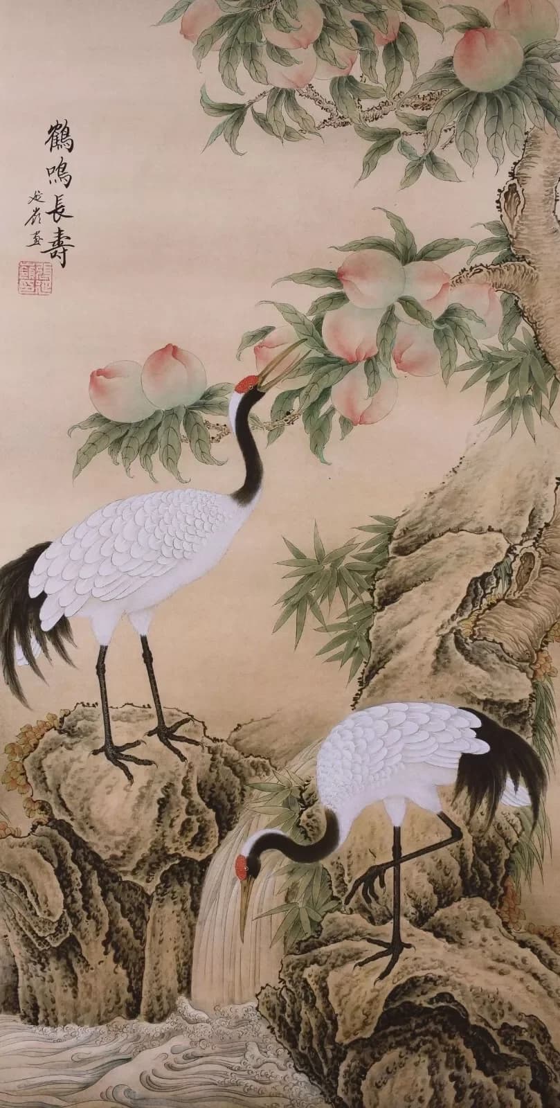 ORIGINAL ASIAN ART CHINESE FIGURE PAINTING Peach tree&Crane bird Art Picture Print Silk Poster Living Room Decor Home Wall
