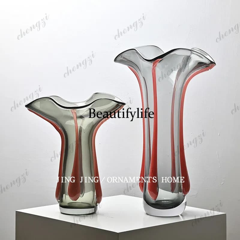 Minimalist soot transparent red striped glass water large vase dining table living room coffee table