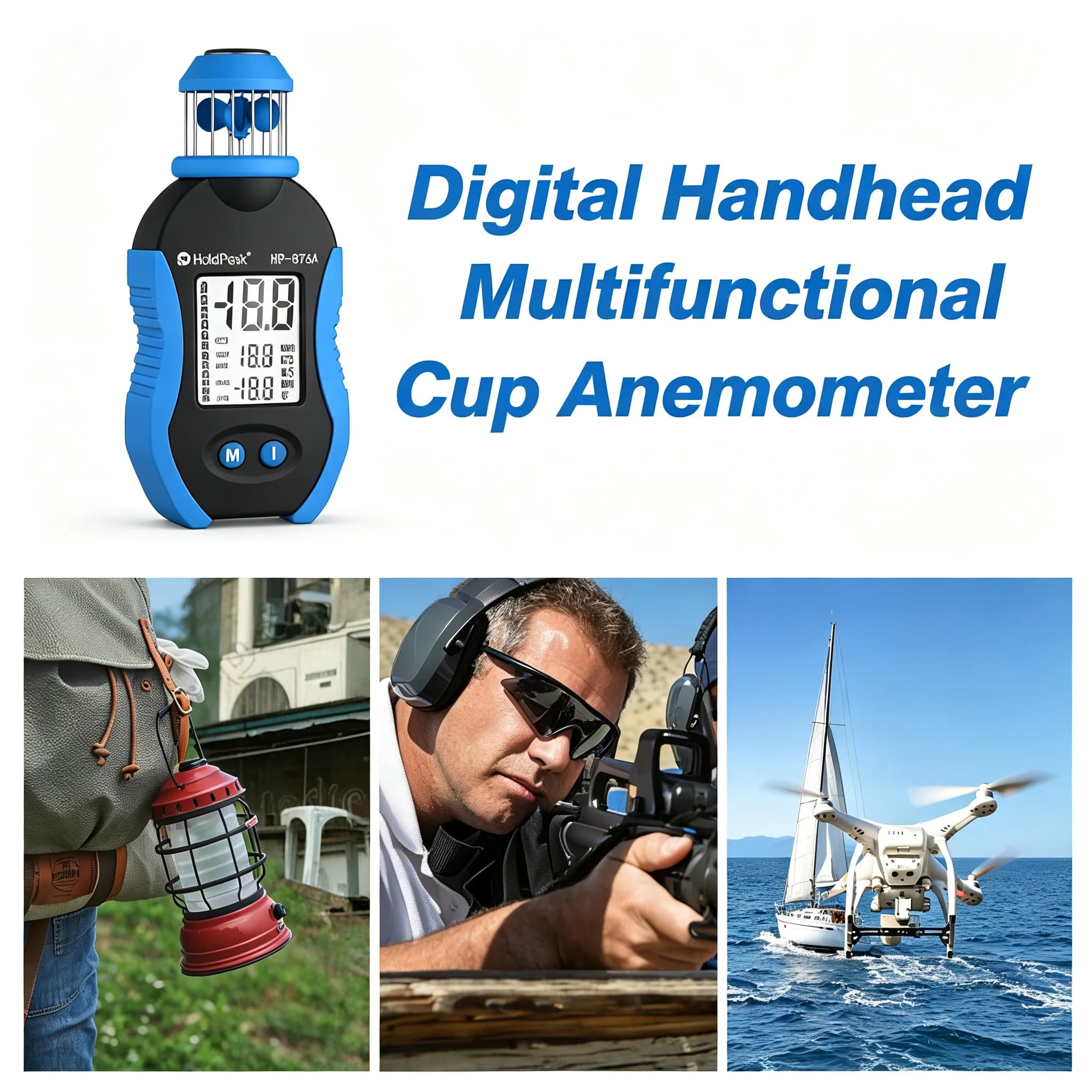 HP-876A Portable Digital Wind Meter, Windproof Anemometer with MAX/AVG & Multi-Unit for Sailing Hiking Outdoor & Sports Field
