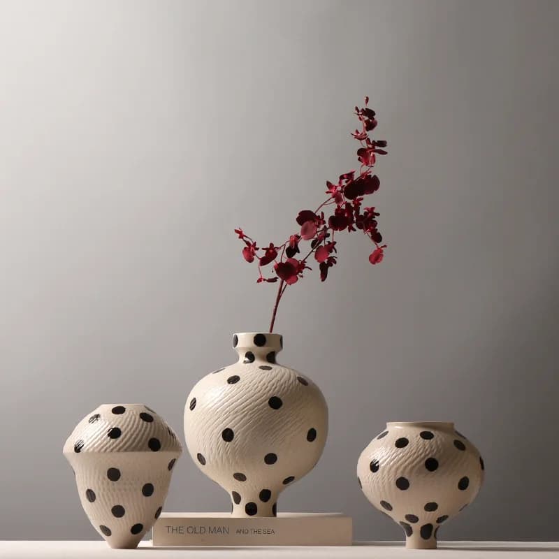 Black Polka Dot Ceramics Vase Plant Pots Table Decoration Flower Arrangement Black Spot Floral Vases Room Aesthetic Decor