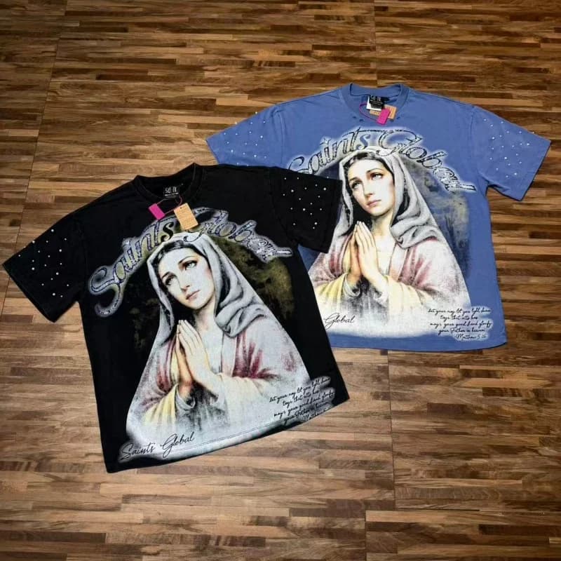 Vintage Saint Graphic T-Shirt  Blindfolded Angel Praying Print Y2K Streetwear Retro Washed Cotton Tee  Top For Men and Women