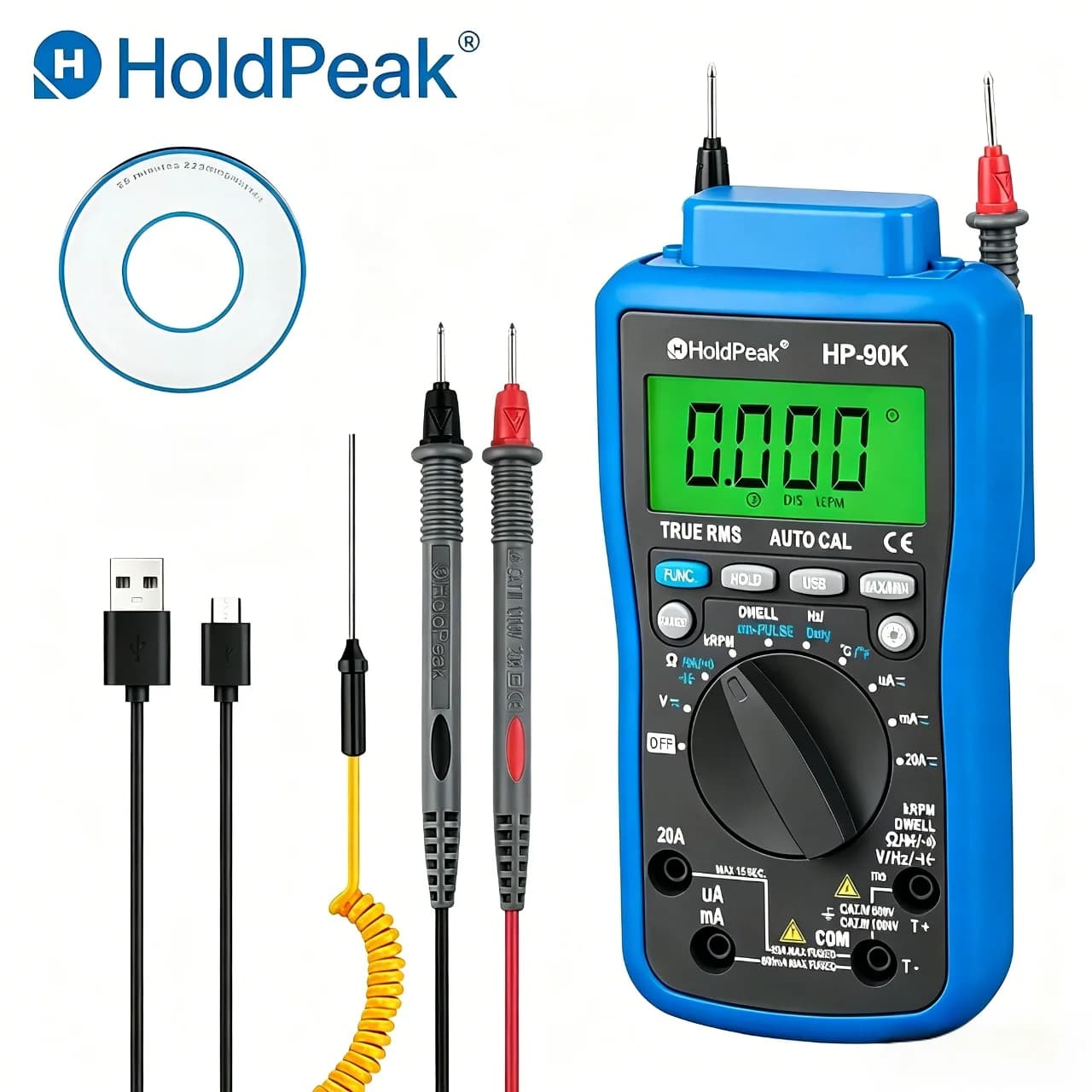 HoldPeak Automotive Multimeter 6000 Count True RMS CAT IV USB Dwell Pulse Width Factory Calibrated for Engine Car Repair