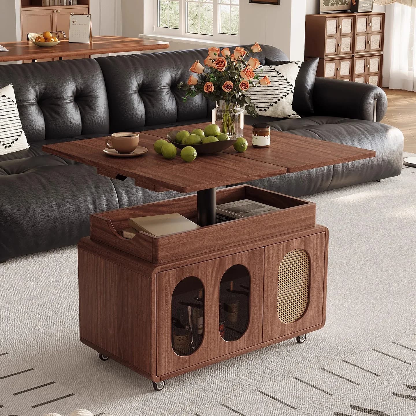 LH all solid wood movable lifting folding coffee table living room household small apartment cart