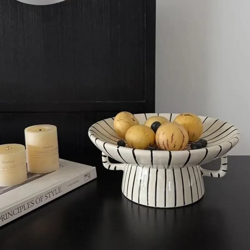 Medieval Black and White Striped Ceramic Fruit Plate Ornament Living Room Coffee Table Household Tray