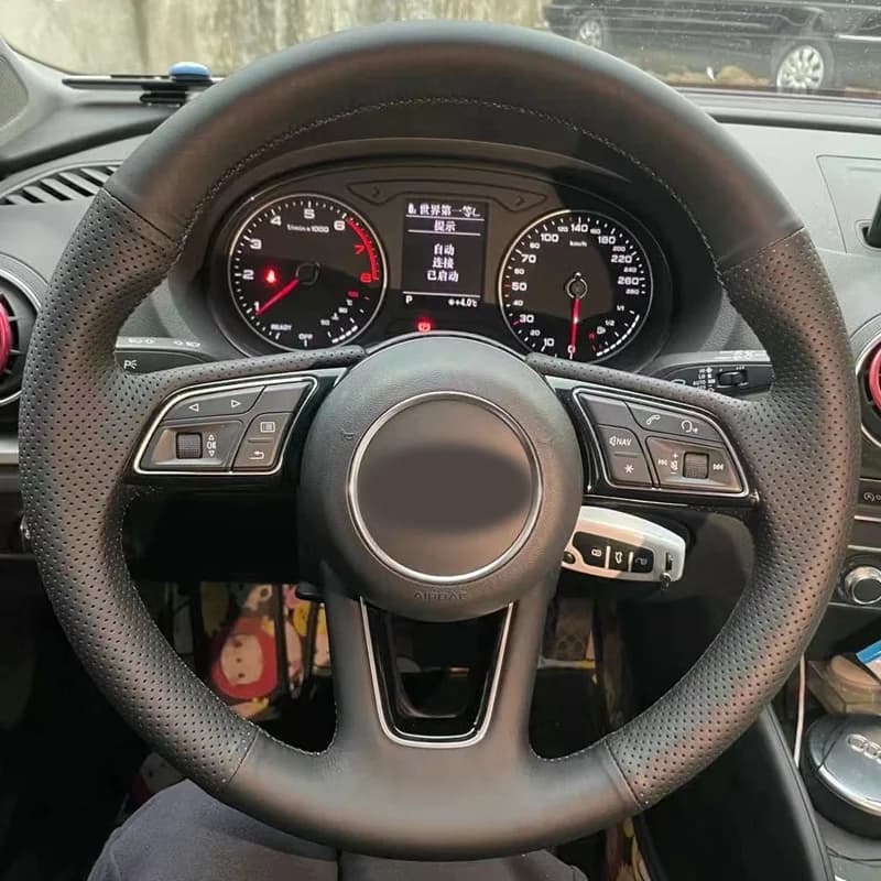 Car Steering Wheel Cover Hand-Stitched Black Leather Suede For Audi A3 2017-2019 A4 2017-2019 A5 2018-2019 S5 2018-2019