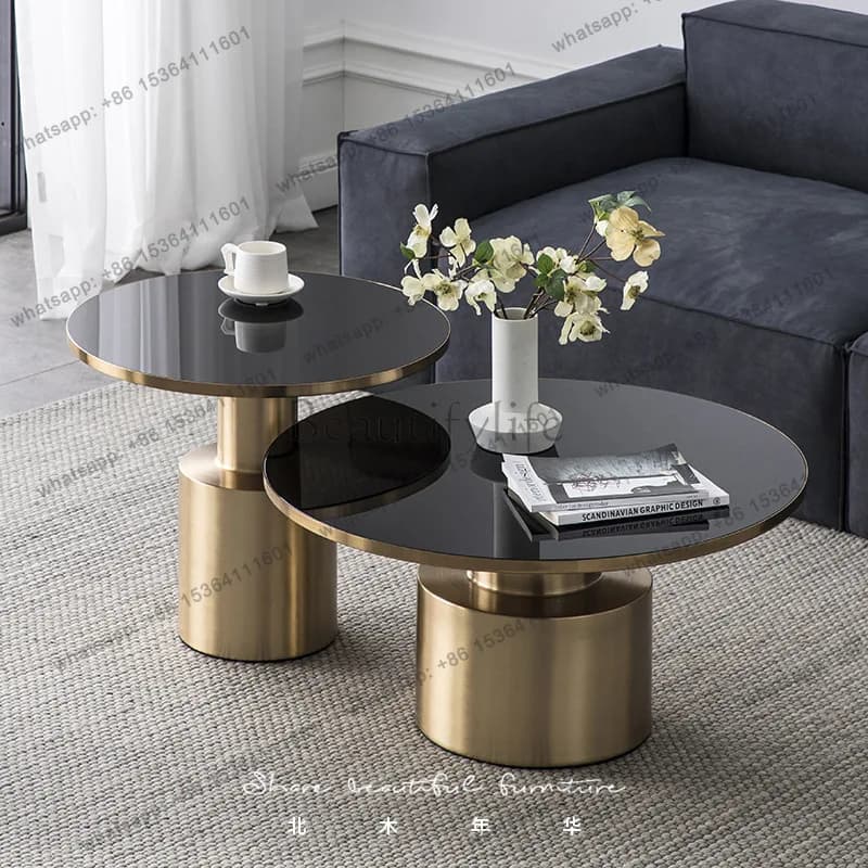 Nordic coffee side table, light luxury, modern living room, round metal coffee table combination