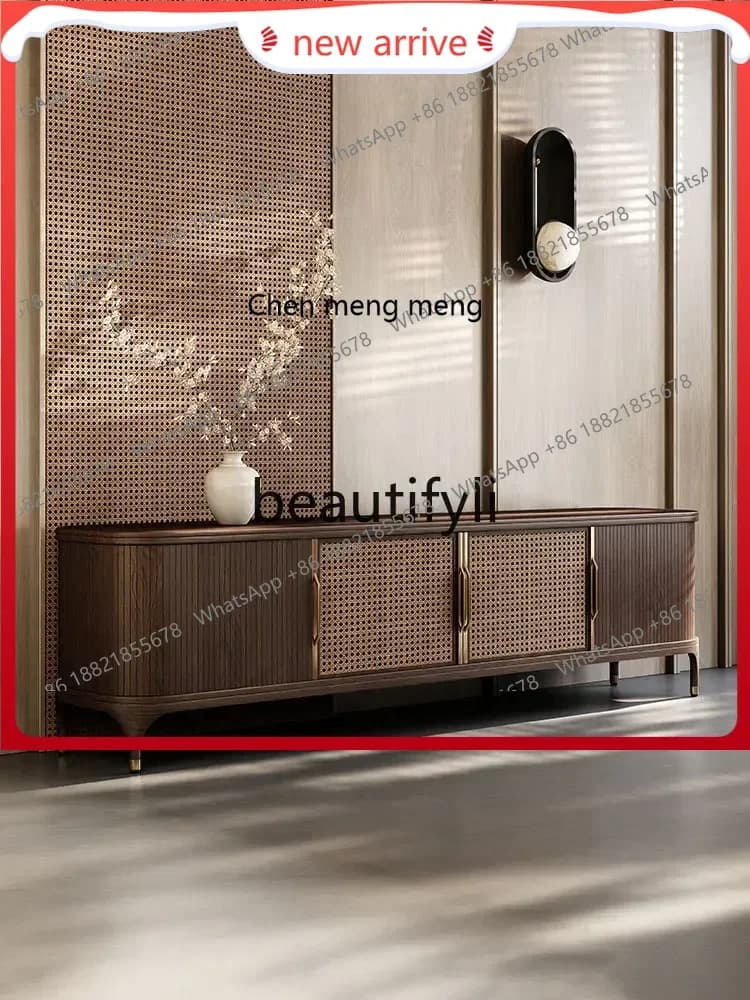 SS ss7486 Medieval walnut TV cabinet retro rattan floor cabinet living room new Chinese TV storage cabinet