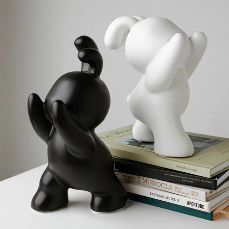 Black and White Rabbit Book Block, Ceramic Cute Creative Animal Statue Desktop Decoration, Modern Bookshelf