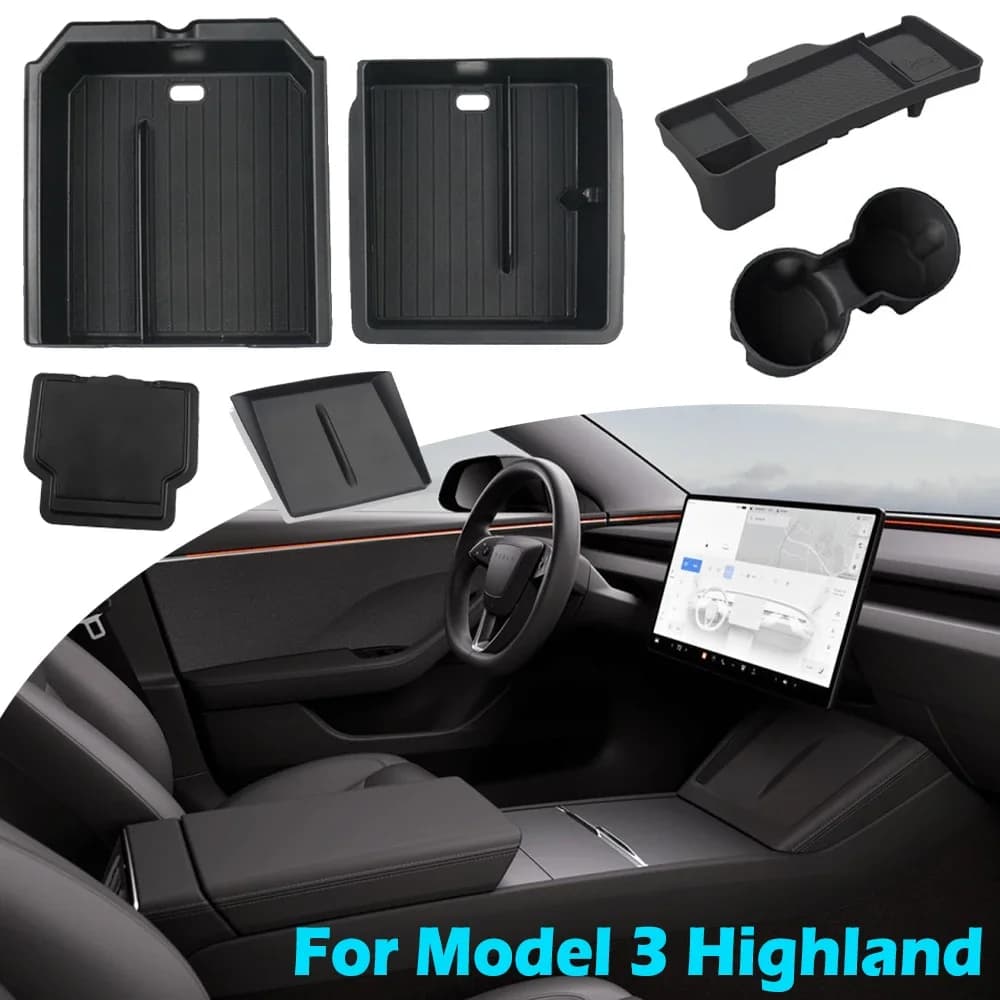 For Tesla Model 3 Highland ABS Center Console Organizer Armrest Storage Box Model 3+ Silicone Cup Holder Non-slip Charging Mat