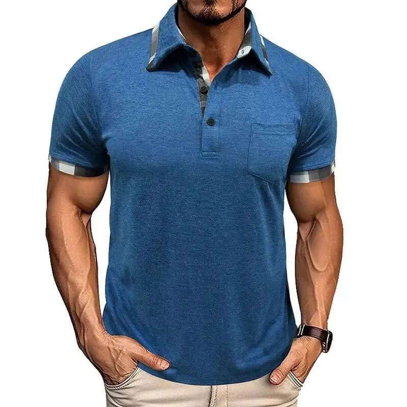 Men's Polo Shirt With Plaid Trim Collar Cuffs Chest Pocket Casual Muscle Fit Top