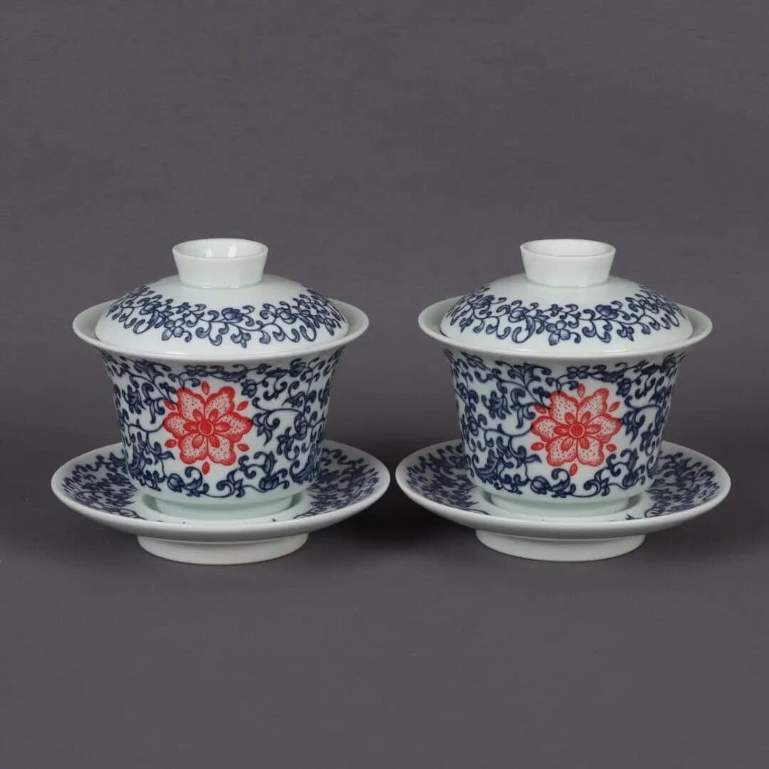Pair Chinese Antique Blue and White Porcelain Tangled Lotus Pattern Covered Bowl