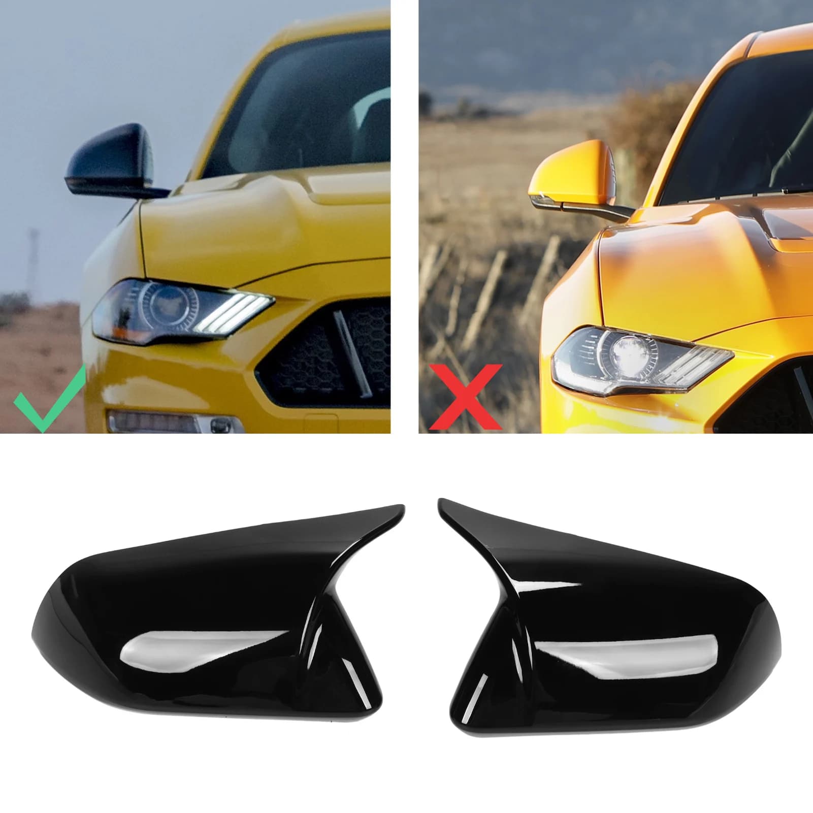 Mirror Cover Horn Style Cap Gloss Black Shell Housing Trim For Ford Mustang 2015-2022 Stick On Wing Upgrade Kit