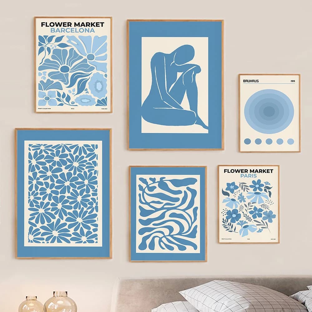 Blue Gallery Wall Art Set Print Blue Flower Market Poster Abstract Canvas Painting Poster Print Pictures For Living Room Decor