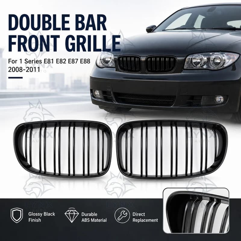 For BMW 1 Series E81 E82 E87 E88 Double Bar Glossy Black Front Grille Replacement 2008-2011 Air Intake Grille