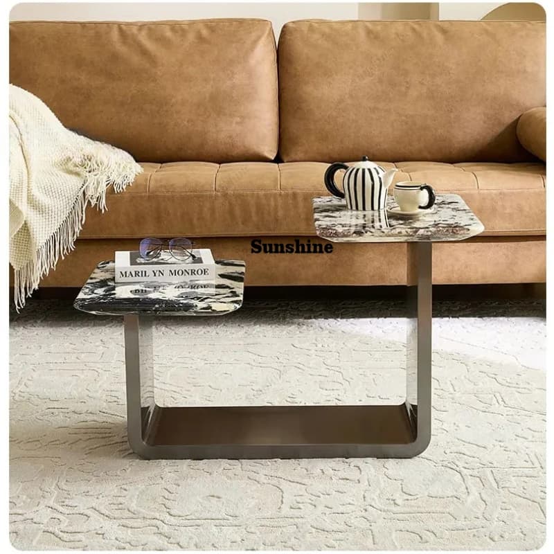 Light luxury modern natural marble coffee table small apartment living room high and low double-layer luxury stone edge table  F