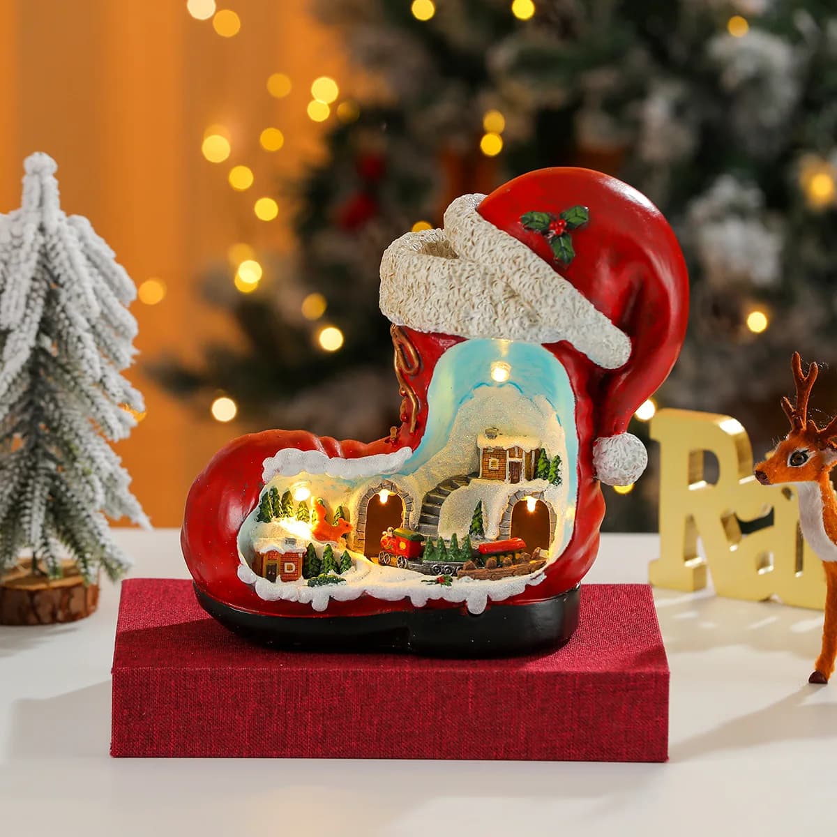 NEW Boots Micro Landscape Resin Rotating Luminous Elderly Music Box Christmas Atmosphere Decoration Gift