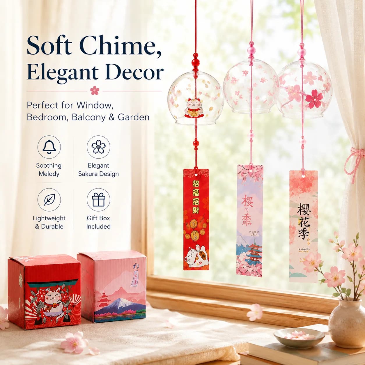 Japanese Glass Furin Wind Chime Sakura Lucky Cat Mount Fuji Hanging Bell for Home Garden Window Decor Gift