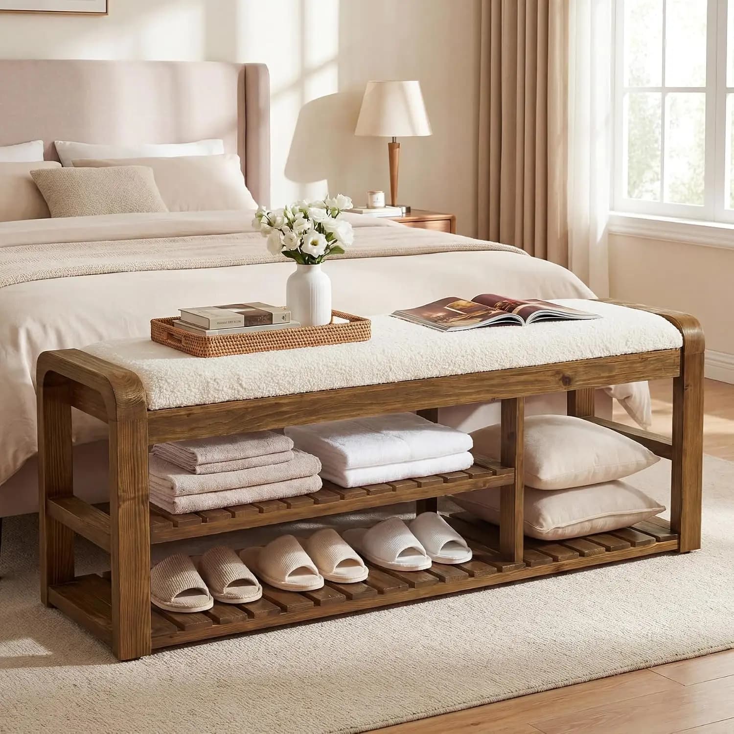55" Shoe Storage Bench with Removable Cushion, 2-Tier Farmhouse Solid Wood Entryway Shoe Rack, End of Bed Storage Upholstered