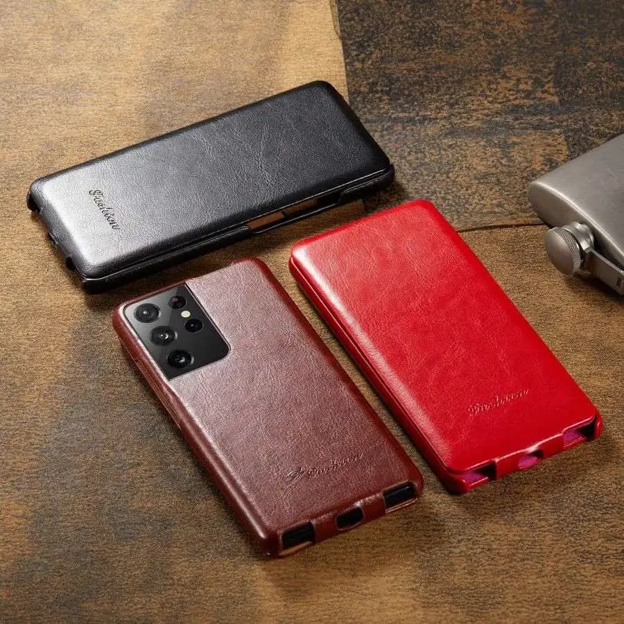 Genuine Leather Vertical Flip Cover Case for Samsung Galaxy S25 Edge S22 S23 Plus S24 S26 Ultra with Free Gift Screen Protector