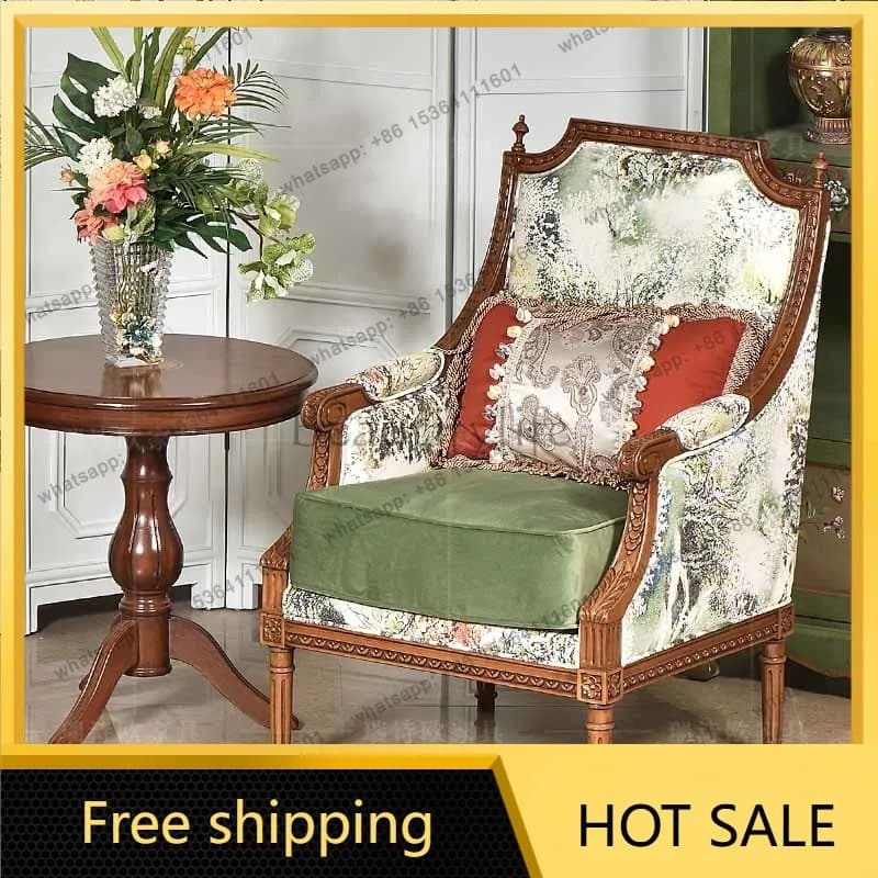 LD American rural retro single sofa chair solid wood living room wood jacquard dining chair