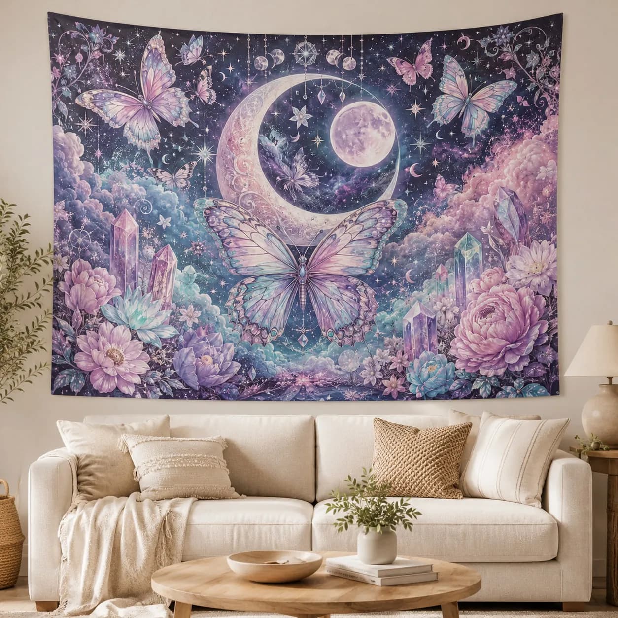 Aesthetic Butterfly Wall Tapestry Moon Flower Wall Hanging Cute Room Decor Purple Floral Backdrop Fabric Tapestries