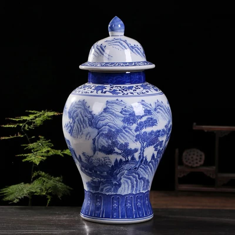 Chinese blue and white landscape large general jar ceramic vase storage jar porcelain decorative ornament crafts