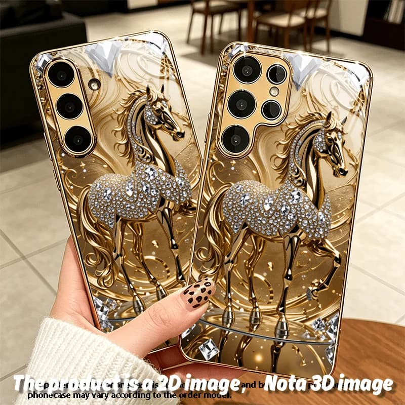 Luxury Diamond Golden Horse s26 ultra case s25 Glass phone case for Samsung Galaxy S26 25 24 23 22 FE Ultra Plus Anti-Fall Shell