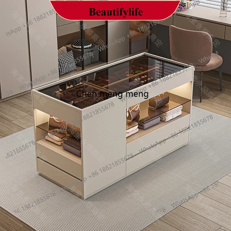 Cloakroom Jewelry Display Cabinet Light  High-end Black Household Storage Bucket Cabinet Floor-to-ceiling Island Jewelry Cabinet
