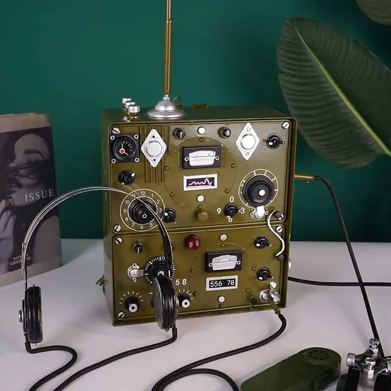 Retro iron decorative transmitter sculpture inspired by vintage wartime aesthetics handmade for living room display featuring fl
