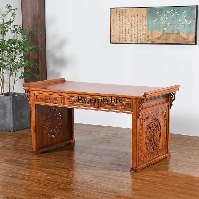LJYAntique calligraphy table Household boss desk Painting case Sinology tea table Chair Chinese engraving classical