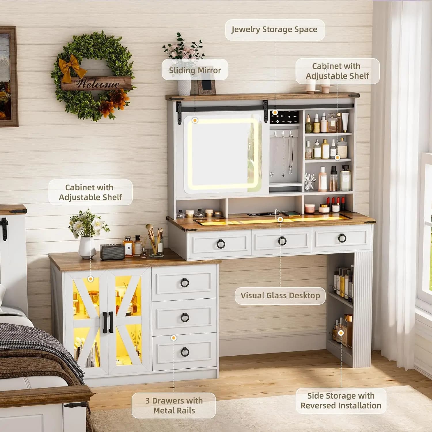 Large Makeup Vanity Desk with Sliding Lighted Mirror, 6 Drawers, 10 Shelves, Adjustable Cabinet, USB, Type-C & Wireless Charging