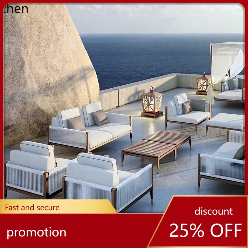 ZML Solid Wood Sofa and Coffee Table Set Garden Courtyard Villa Sunroom Teak Rattan Art