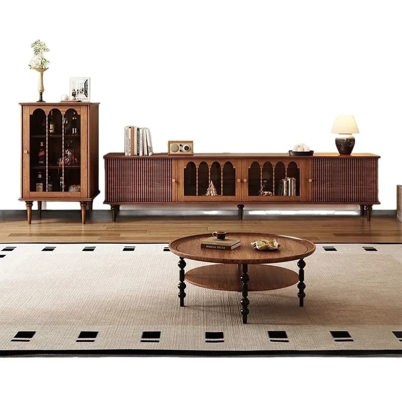 French retro solid wood TV cabinet, high-end light luxury wine cabinet in home living room, antique furniture atmosphere