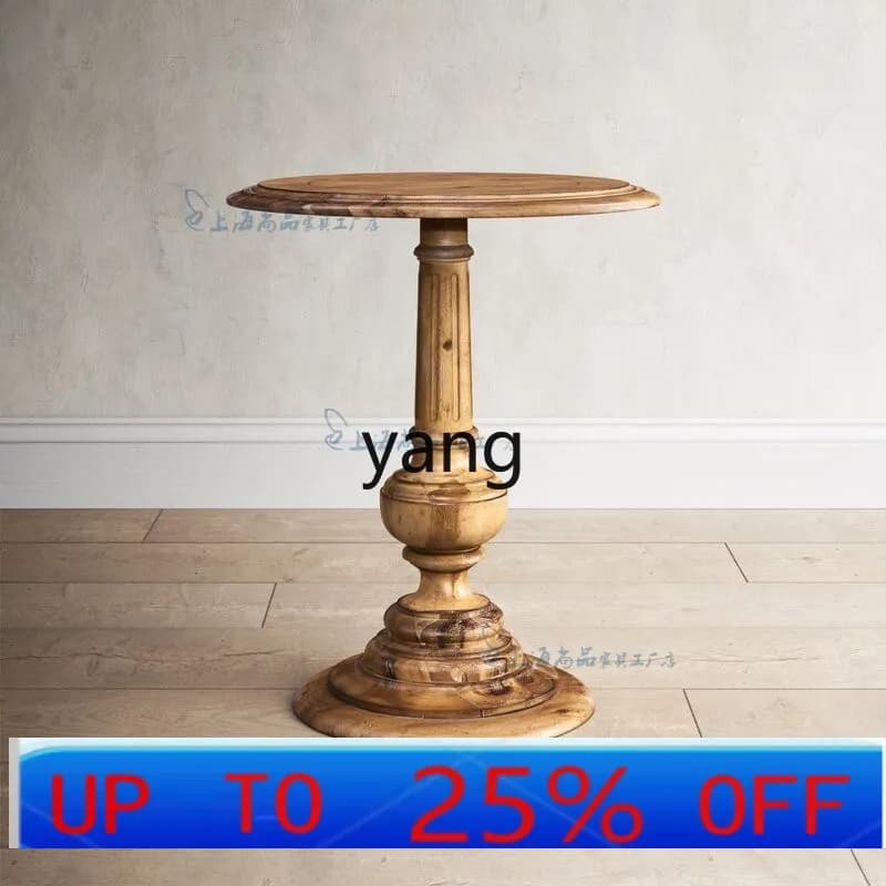 LMVintage Solid Wood Color Full Living Room Side Table French Country Oak Carved Round