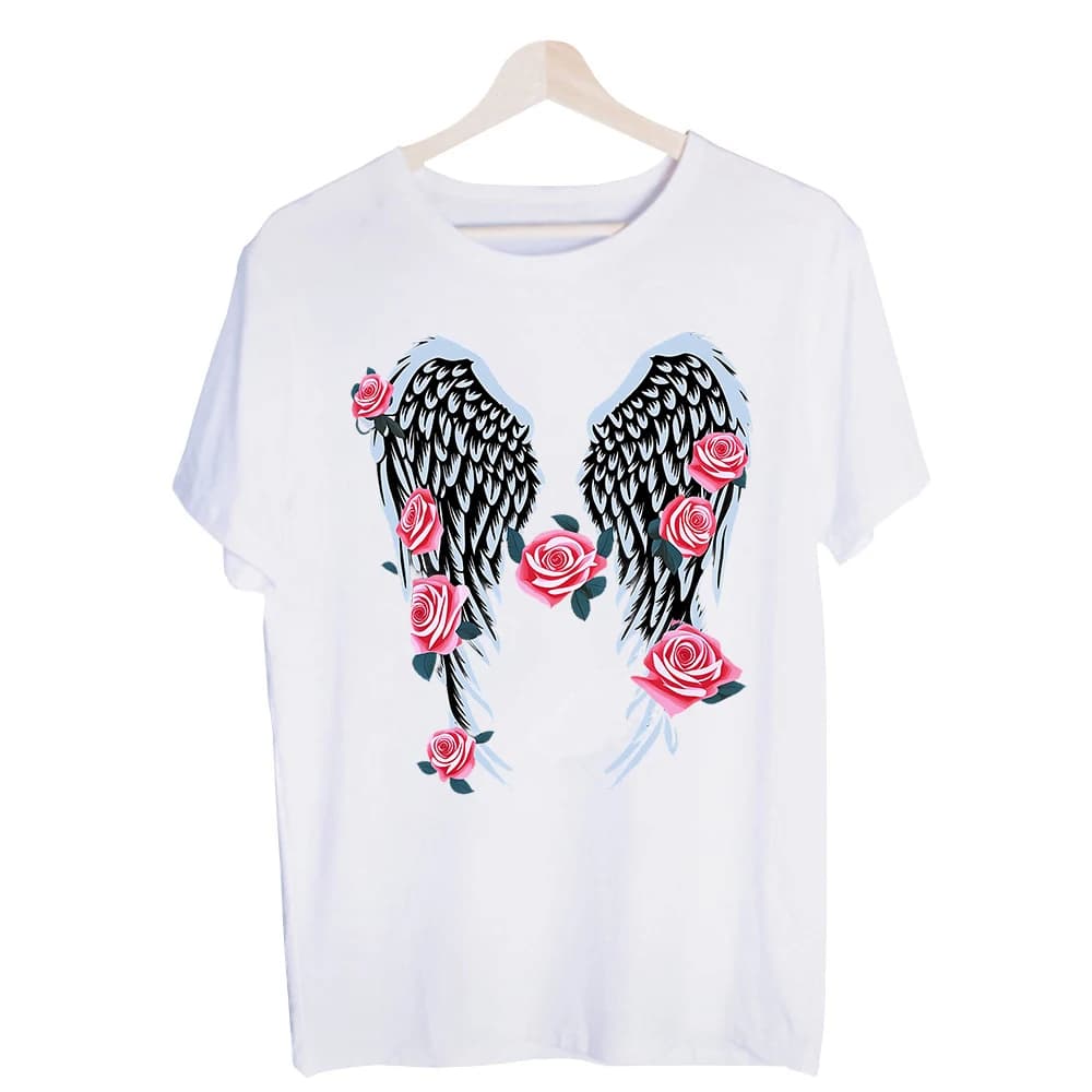 Men's Angel Wings and Roses Graphic Tee, Short Sleeve Crew Neck T-Shirt for Casual Daily Wear and Summer Outfits