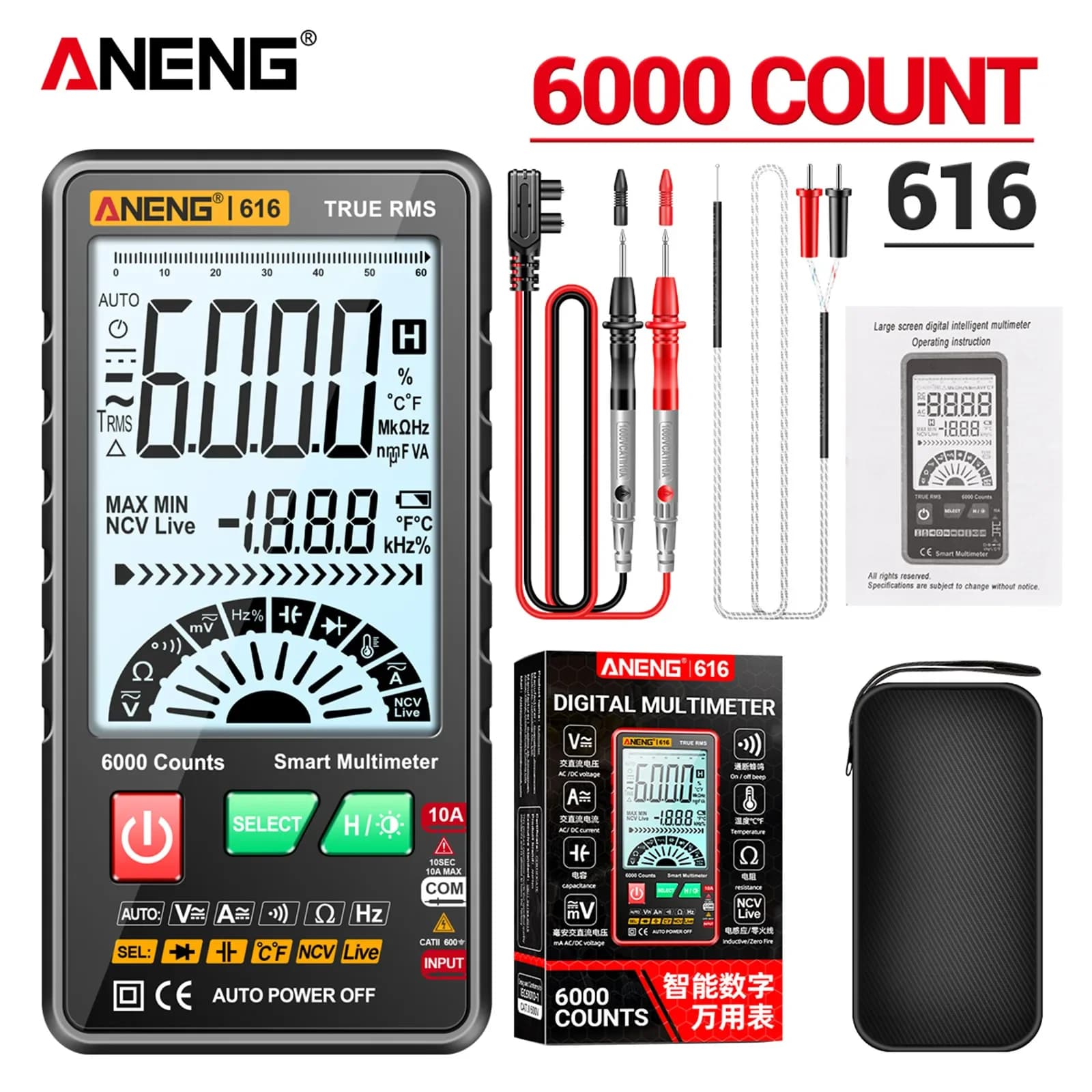 ANENG 616 True RMS Multimeter 6000 Counts NCV Detector 600V AC DC 10A Temp Capacitance Freq Backlight Flashlight Electric Tool