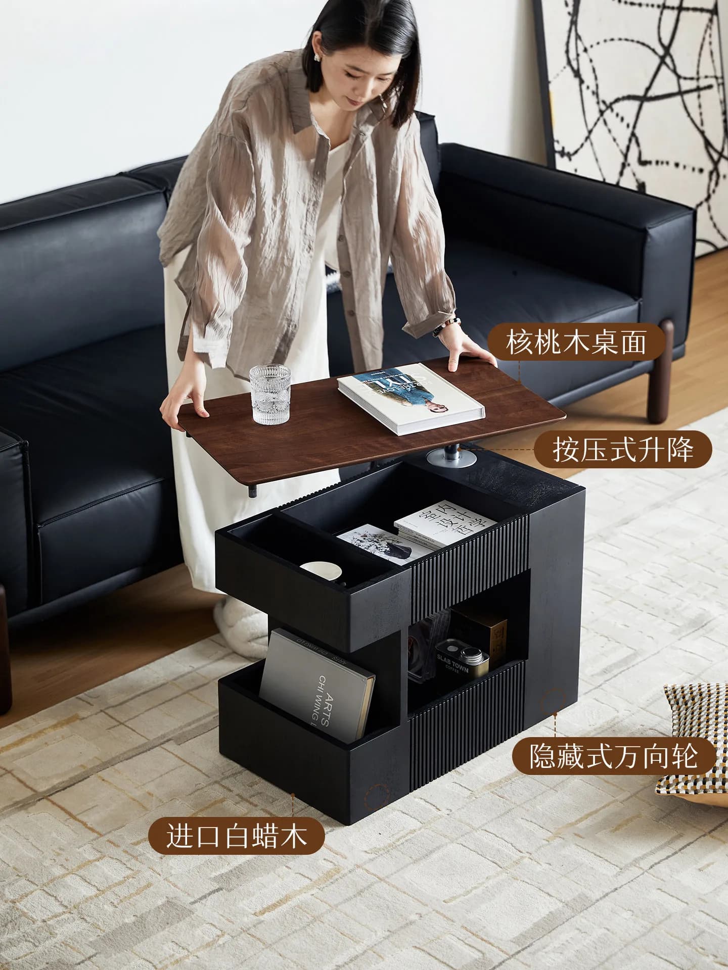 DSA mobile side few three-layer cart coffee table antique style with wheel side cabinet sofa liftable storage table