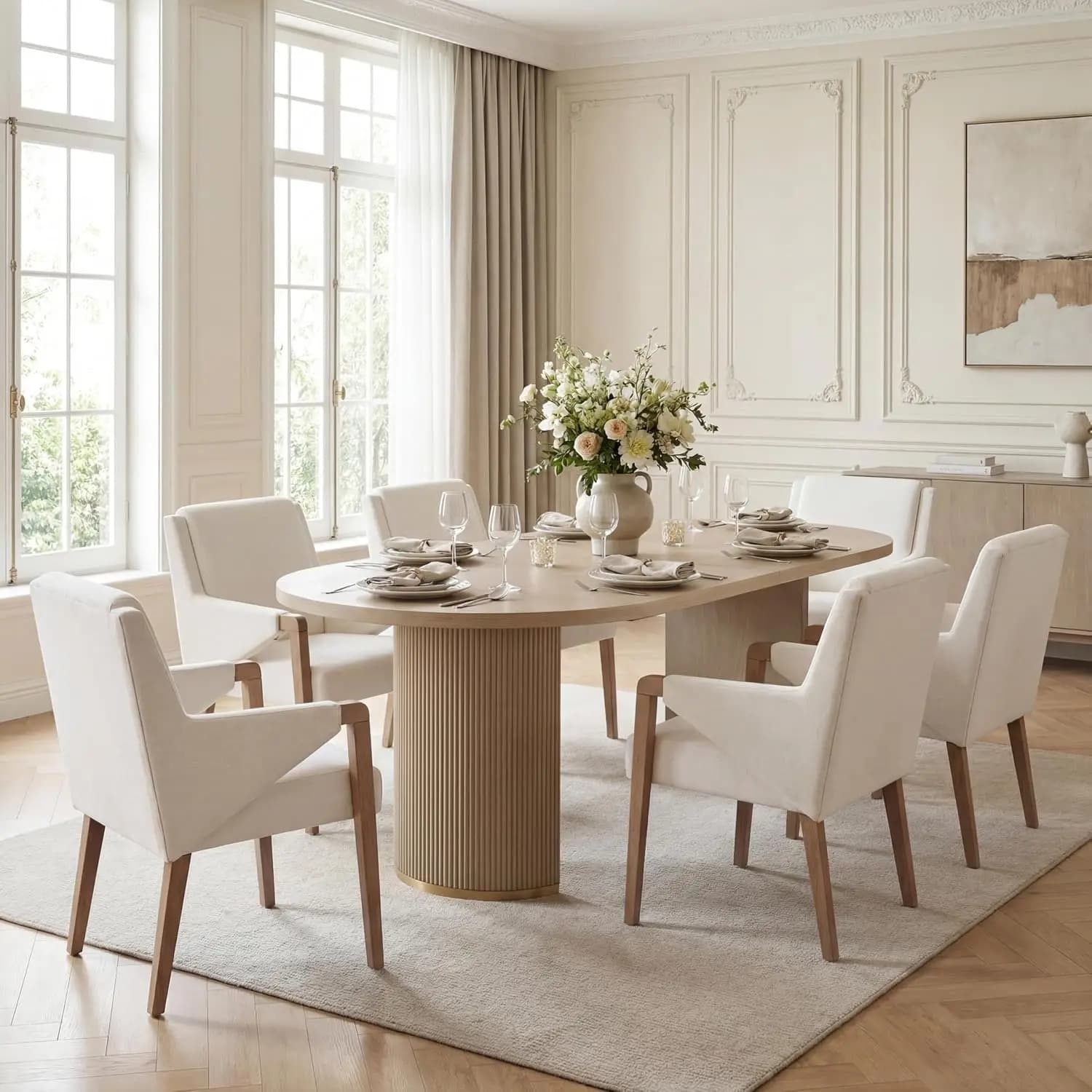 Inmax Modern Dining Table Set for 6, Oval Kitchen Table and Dining Chairs Set of 6, Rubberwood Dining Room Table Set for 6
