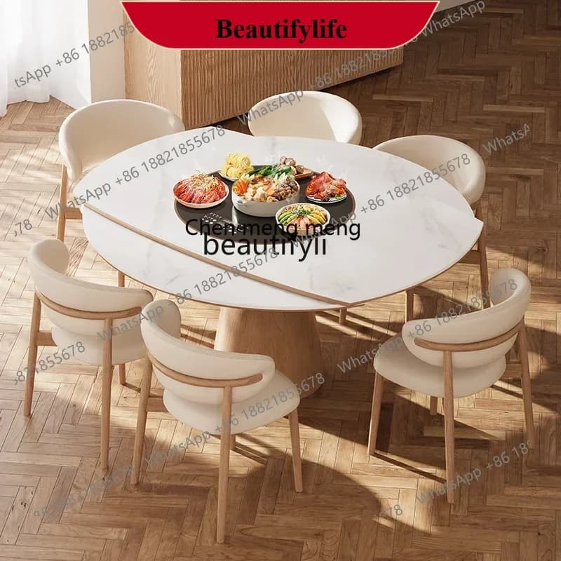 D178   Folding table Solid wood dining table Embedded turntable Induction cooker Dual-purpose retractable rock slab