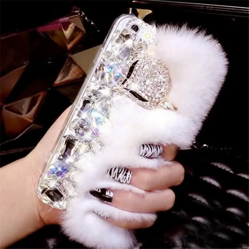Luxury Rhinestone Bling Diamond Real Rabbit Fur Soft Cover Case For SamsungS24 S25 S20 S21 S22 PLUS S23 Ultra Note9 10 20 Case