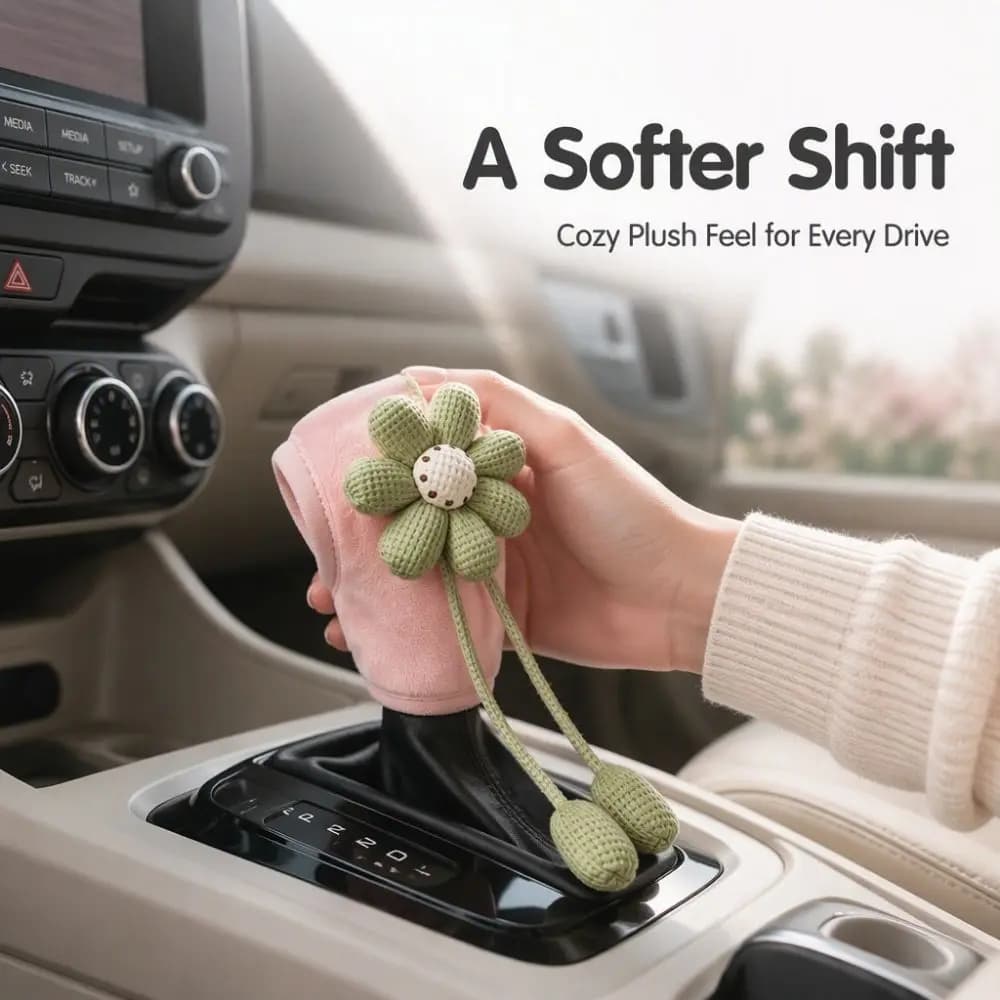 Cute Knitted Flower Car Gear Shift Knob Cover - Soft Plush & Knit Fabric, Easy Install, Multiple Color Options