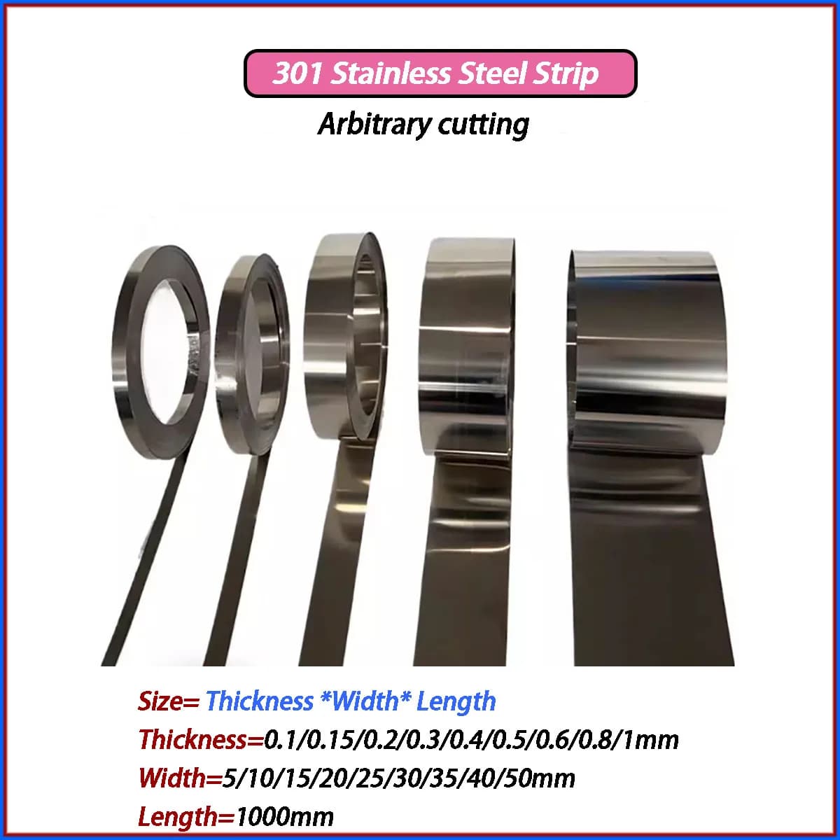 Thick=0.1mm- 1mm  1M High Elasticity 301 Stainless Steel Foil Strip Steel Foil Roll Narrow Strip Width 10/15/20/25/30/50mm
