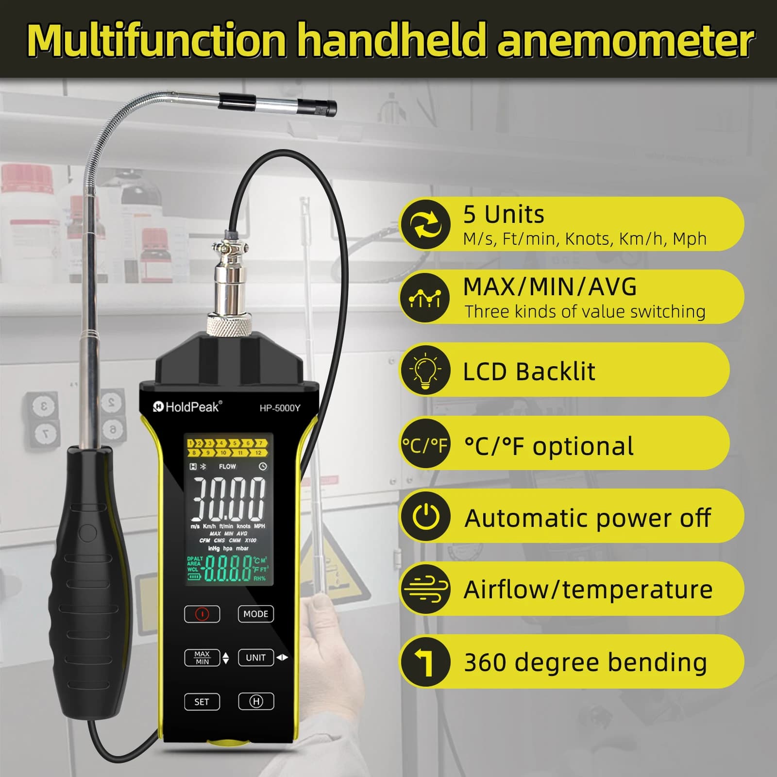 5000Y High Sensitivie Hot Wire Anemometer Retractable Wind Speed Meter Airflow Meters 0.1-30m/s HVAC Environmental Testing,