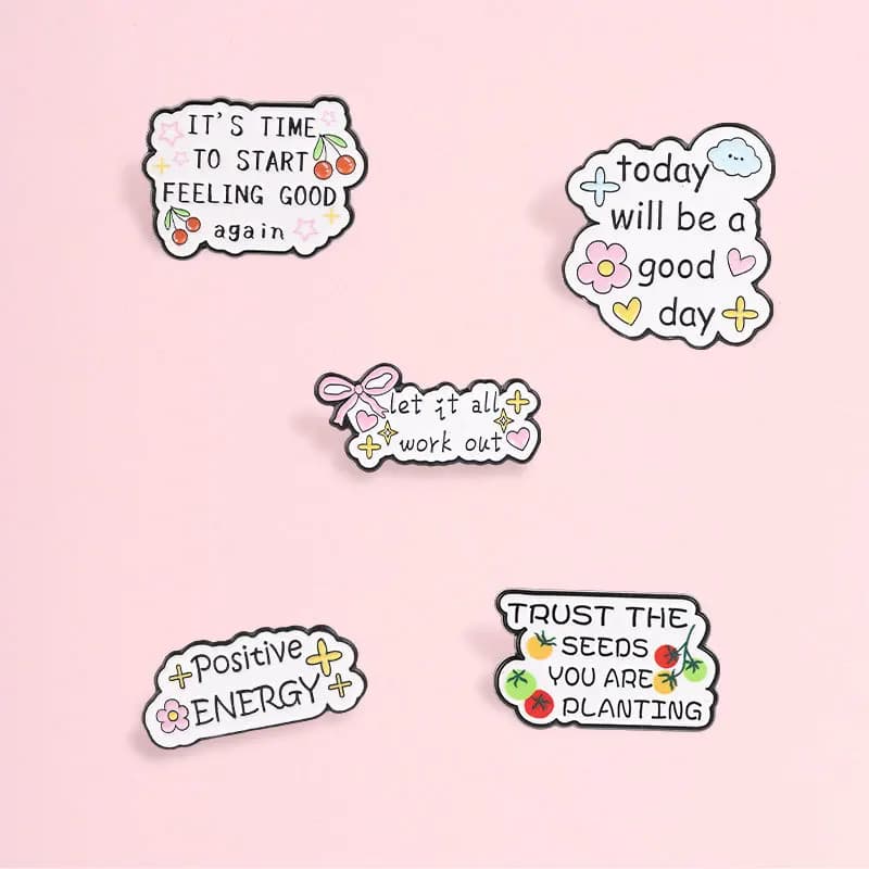 Healing English Inspirational Cloud Brooch Fresh Flower Cherry Metal Badge Casual Commute Gift Pin DIY Clothing Bags Hat T-shirt
