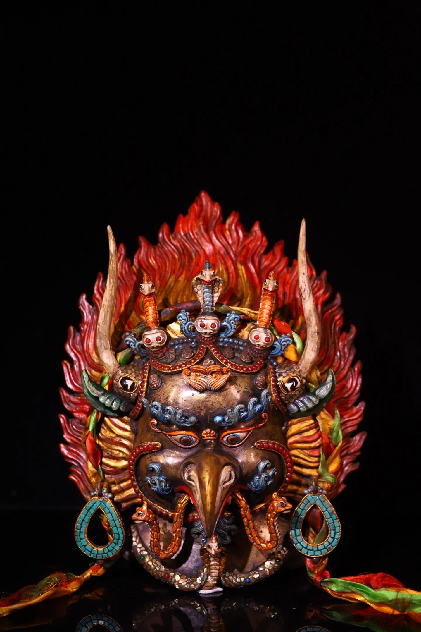 Old Lima Copper Painted Mosaic Gem gZi Beads Turquoise Garuda Buddha head mask Winged Bird Head hanging panel Town House