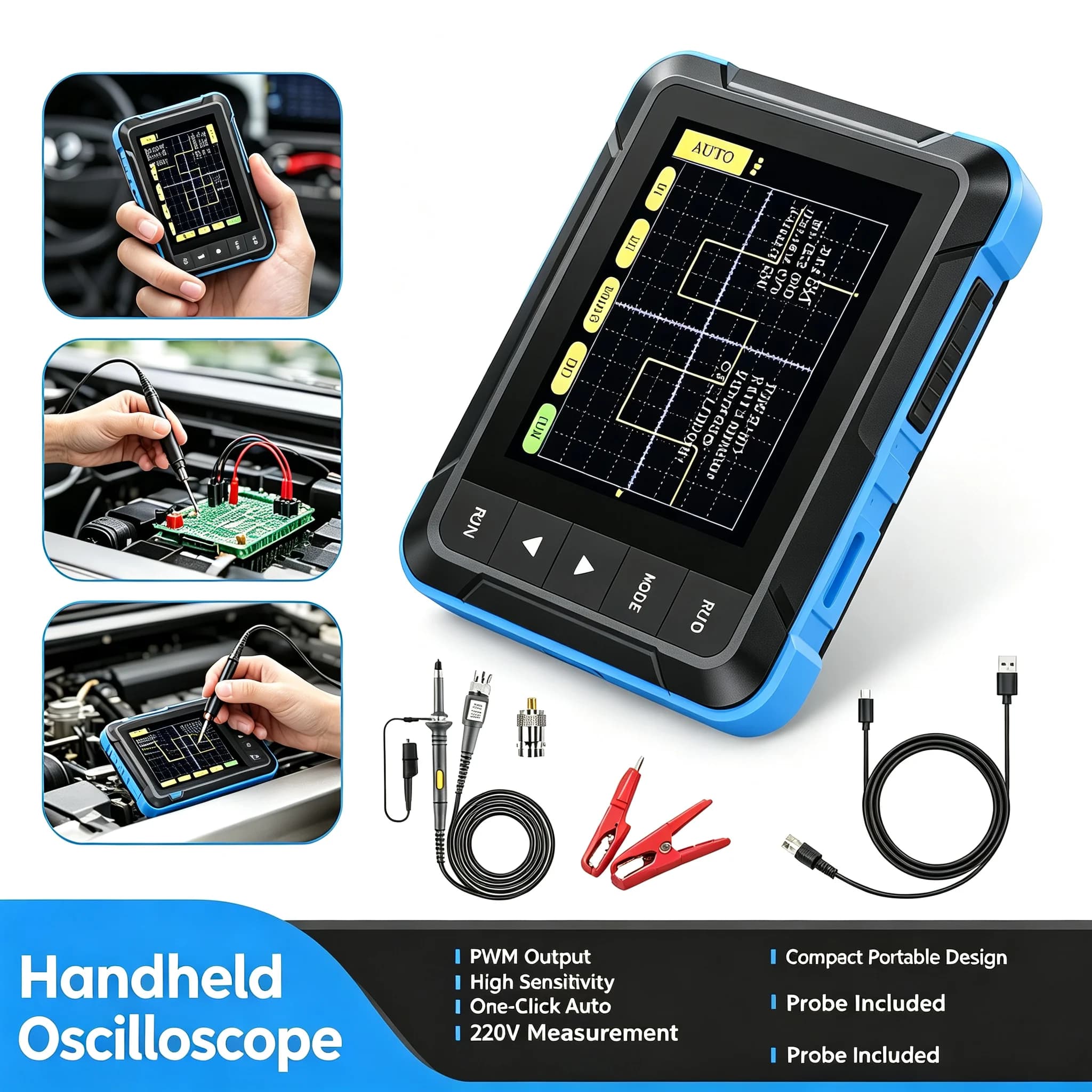 FNIRSI DSO-510 Digital Oscilloscope Handheld 10MHz Bandwidth 48MS/s Signal Generator 2.8" LCD for Car Repair Electronic DIY